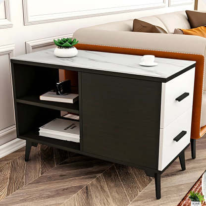Rectangular Stone Iron End Table with Drawers — White / 2