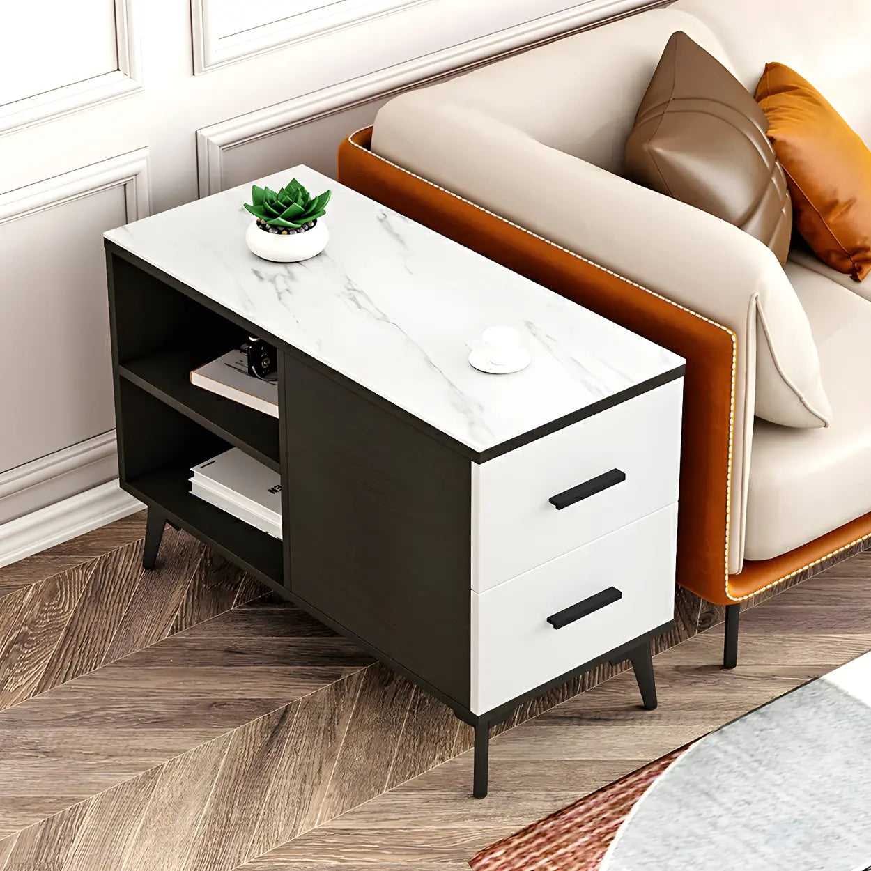 Rectangular Stone Iron End Table with Drawers — Black Walnut / 1
