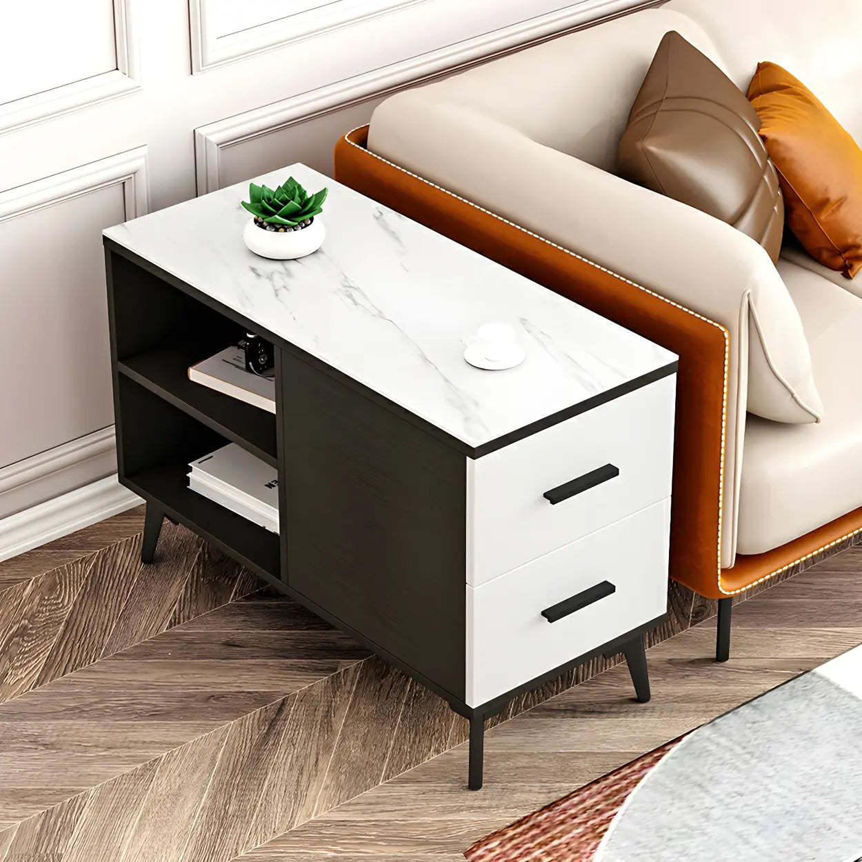 Rectangular Stone Iron End Table with Drawers — Black Walnut / 1
