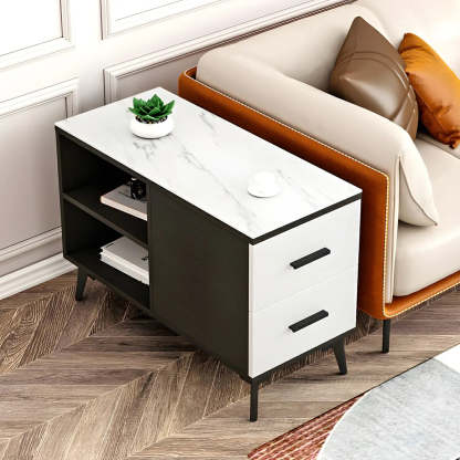 Rectangular Stone Iron End Table with Drawers — Black Walnut / 1
