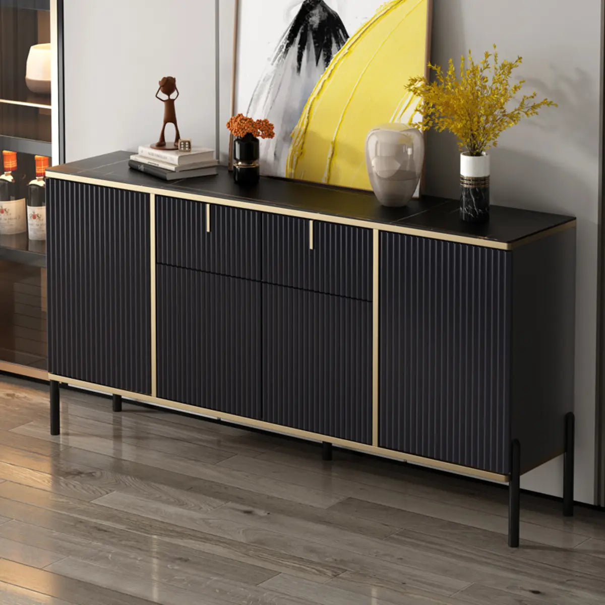 Rectangular Stone Top Black Cabinet Sideboard