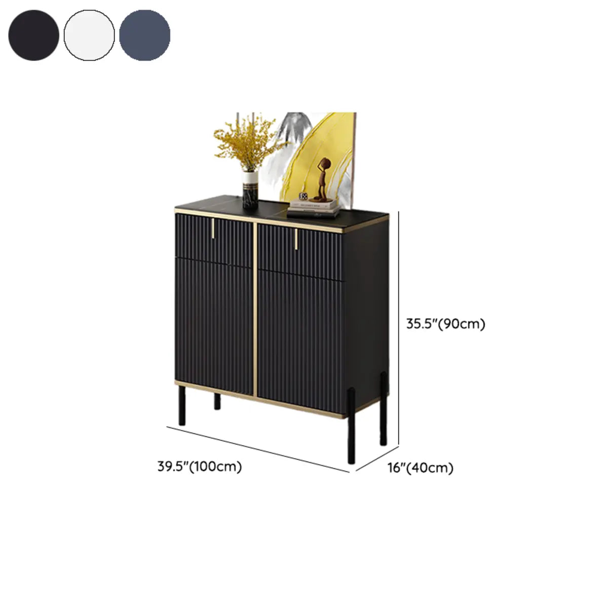 Rectangular Stone Top Black Cabinet Sideboard — Grey