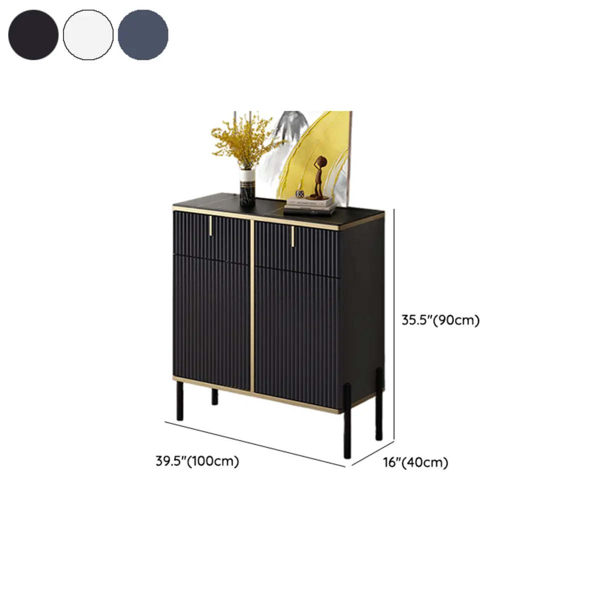 Rectangular Stone Top Black Cabinet Sideboard — Grey