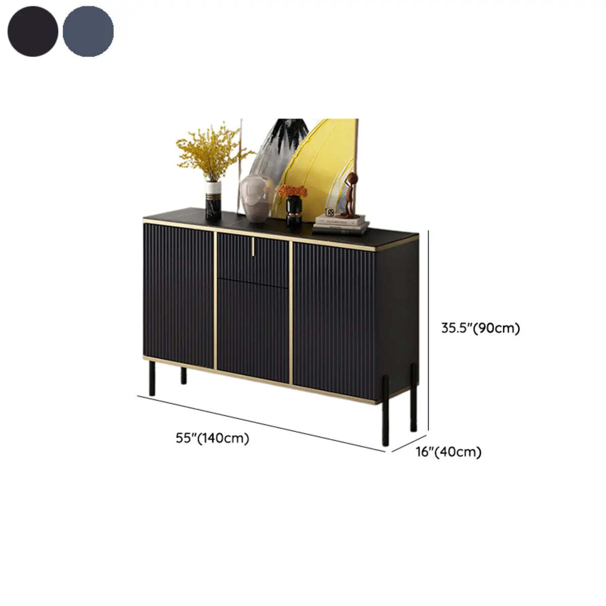 Rectangular Stone Top Black Cabinet Sideboard — White