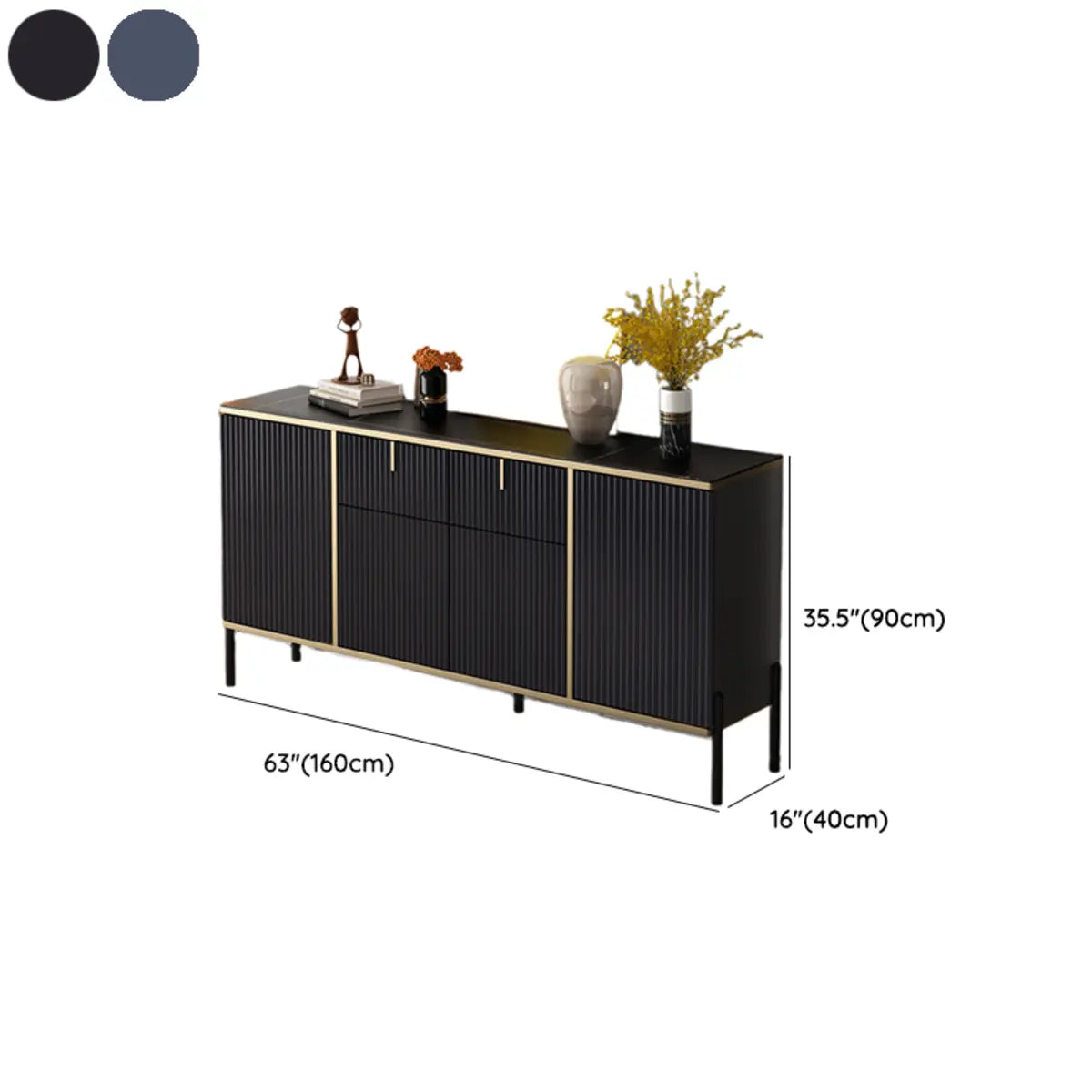 Rectangular Stone Top Black Cabinet Sideboard