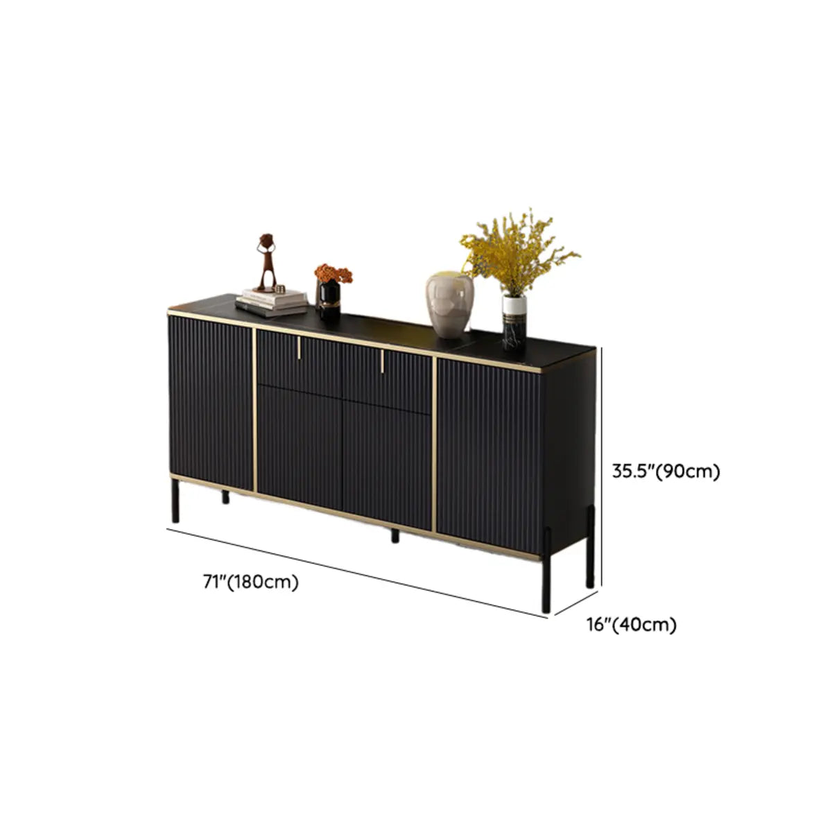 Rectangular Stone Top Black Cabinet Sideboard