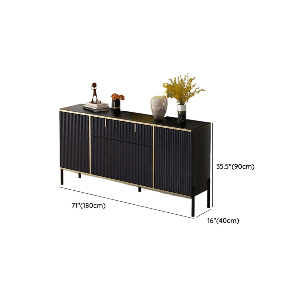 Rectangular Stone Top Black Cabinet Sideboard