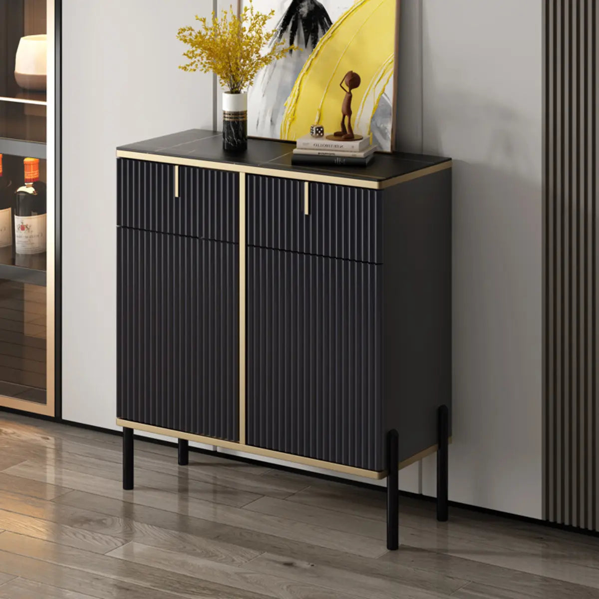 Rectangular Stone Top Black Cabinet Sideboard — Black