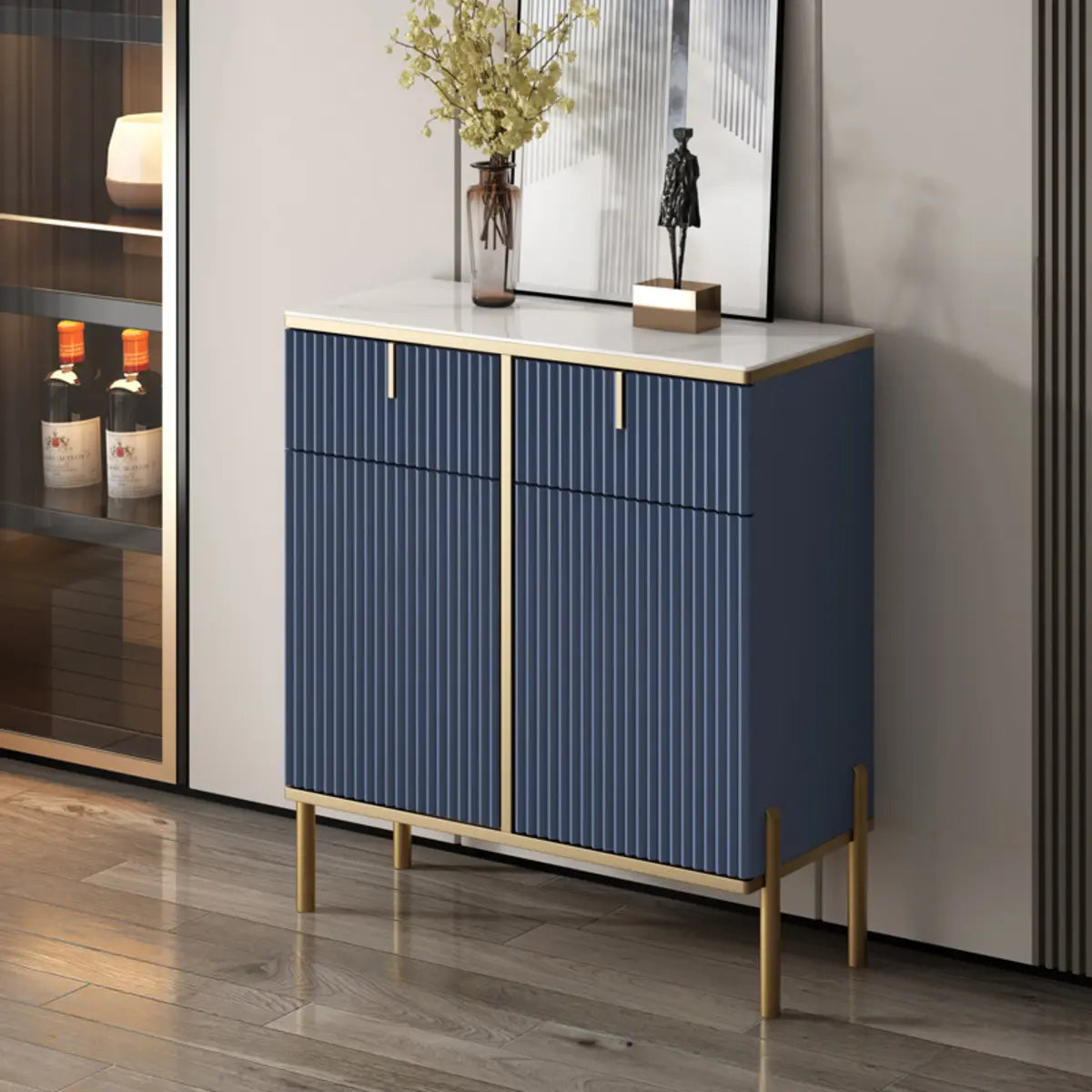 Rectangular Stone Top Black Cabinet Sideboard — Black
