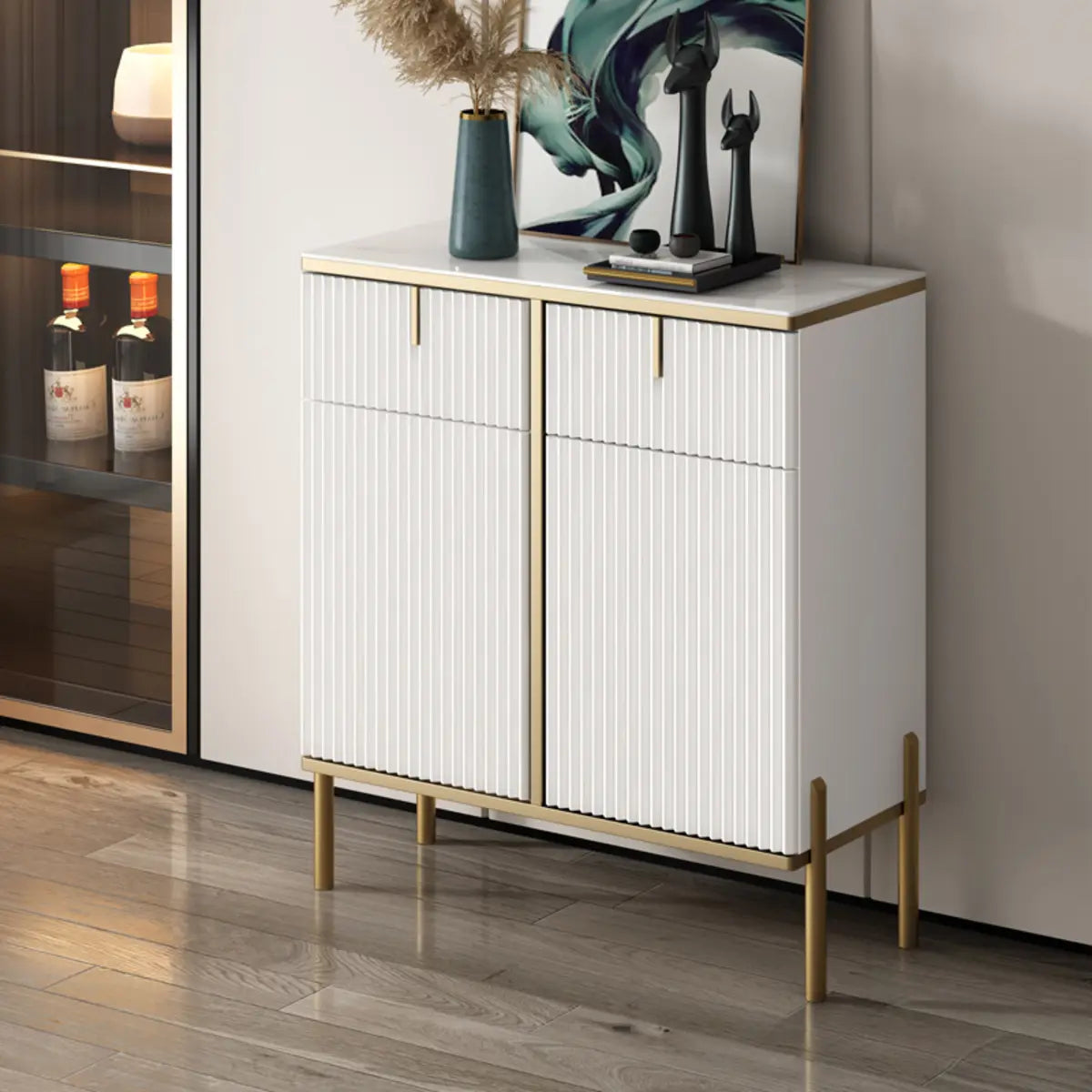 Rectangular Stone Top Black Cabinet Sideboard — Black