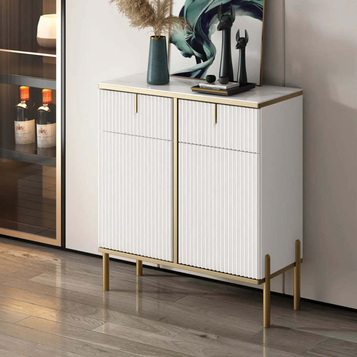 Rectangular Stone Top Black Cabinet Sideboard — Black