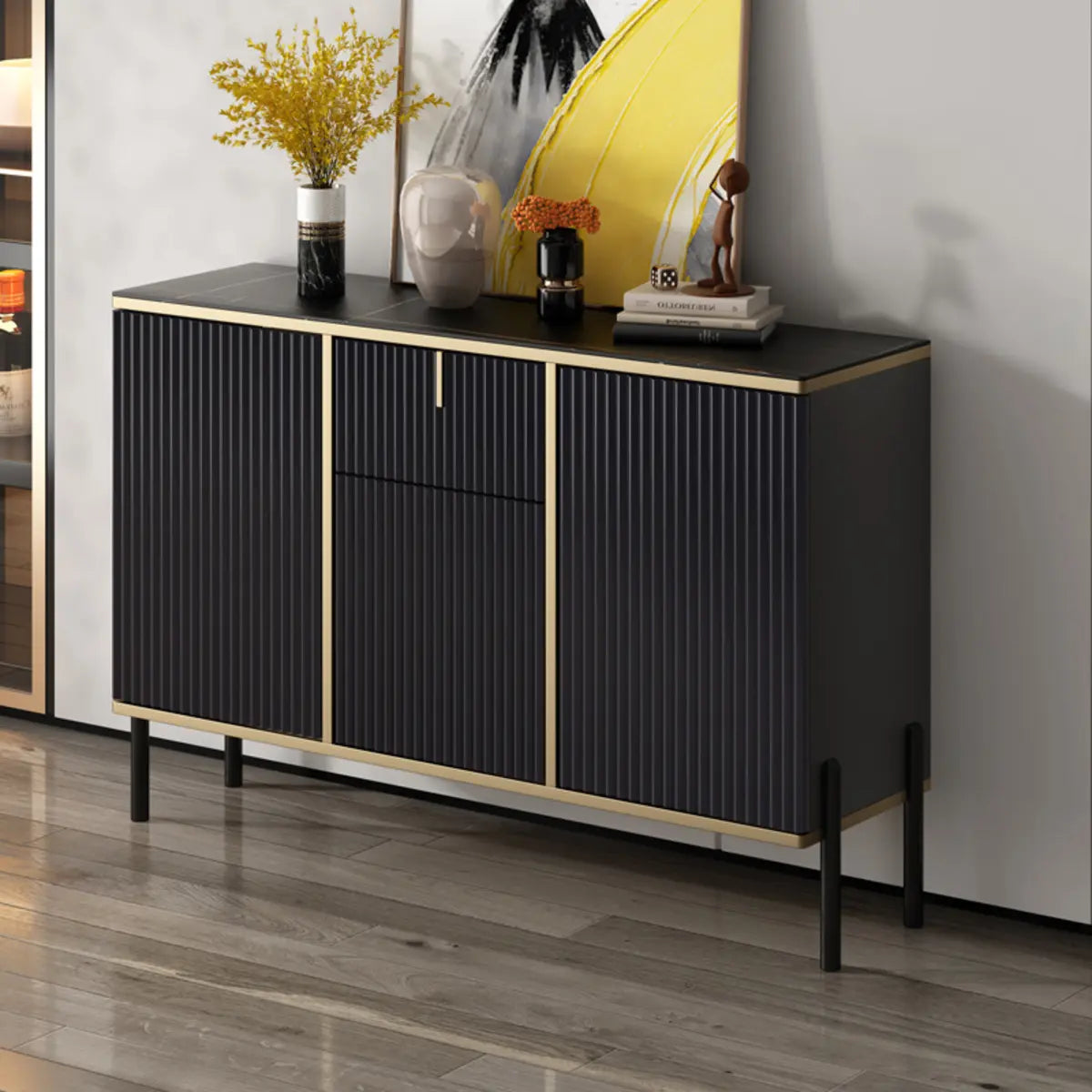 Rectangular Stone Top Black Cabinet Sideboard — Black