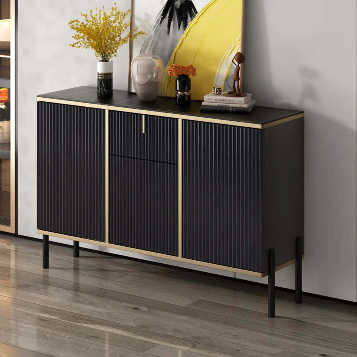 Rectangular Stone Top Black Cabinet Sideboard — Black