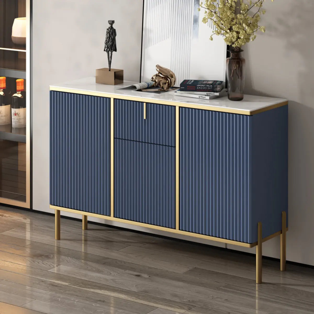 Rectangular Stone Top Black Cabinet Sideboard — Black