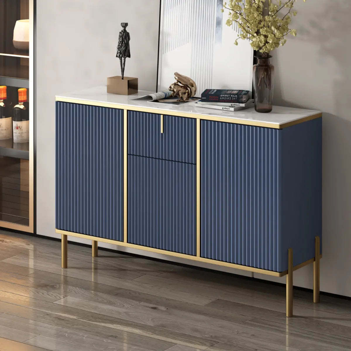 Rectangular Stone Top Black Cabinet Sideboard — Black