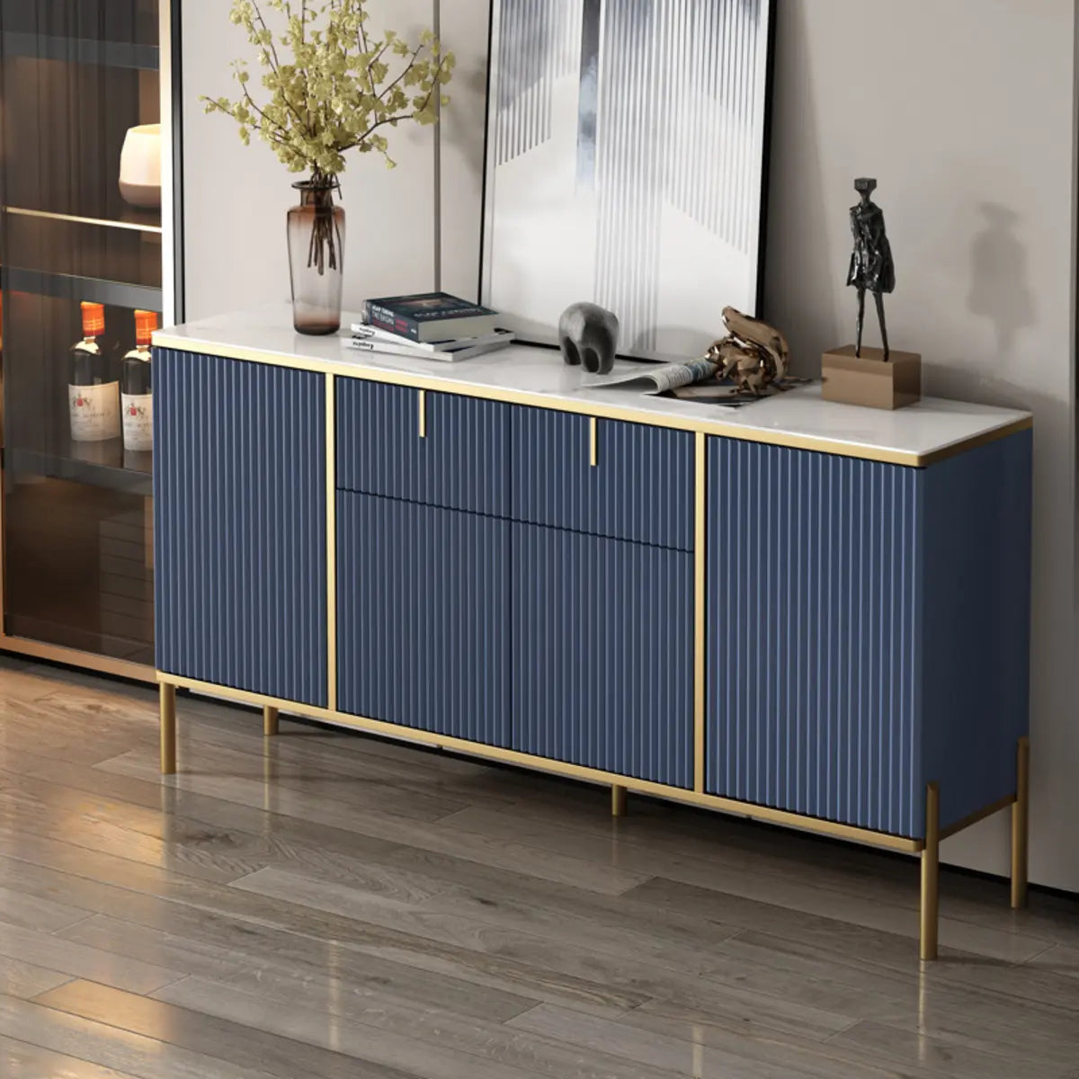 Rectangular Stone Top Black Cabinet Sideboard — Blue