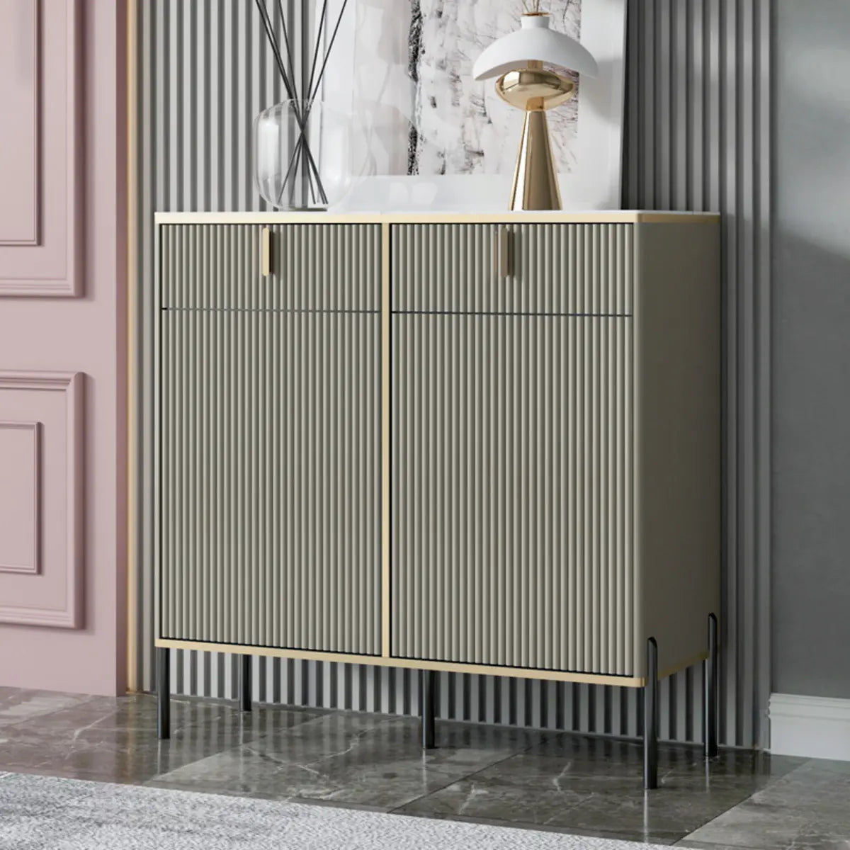 Rectangular Stone Top Black Cabinet Sideboard — Blue