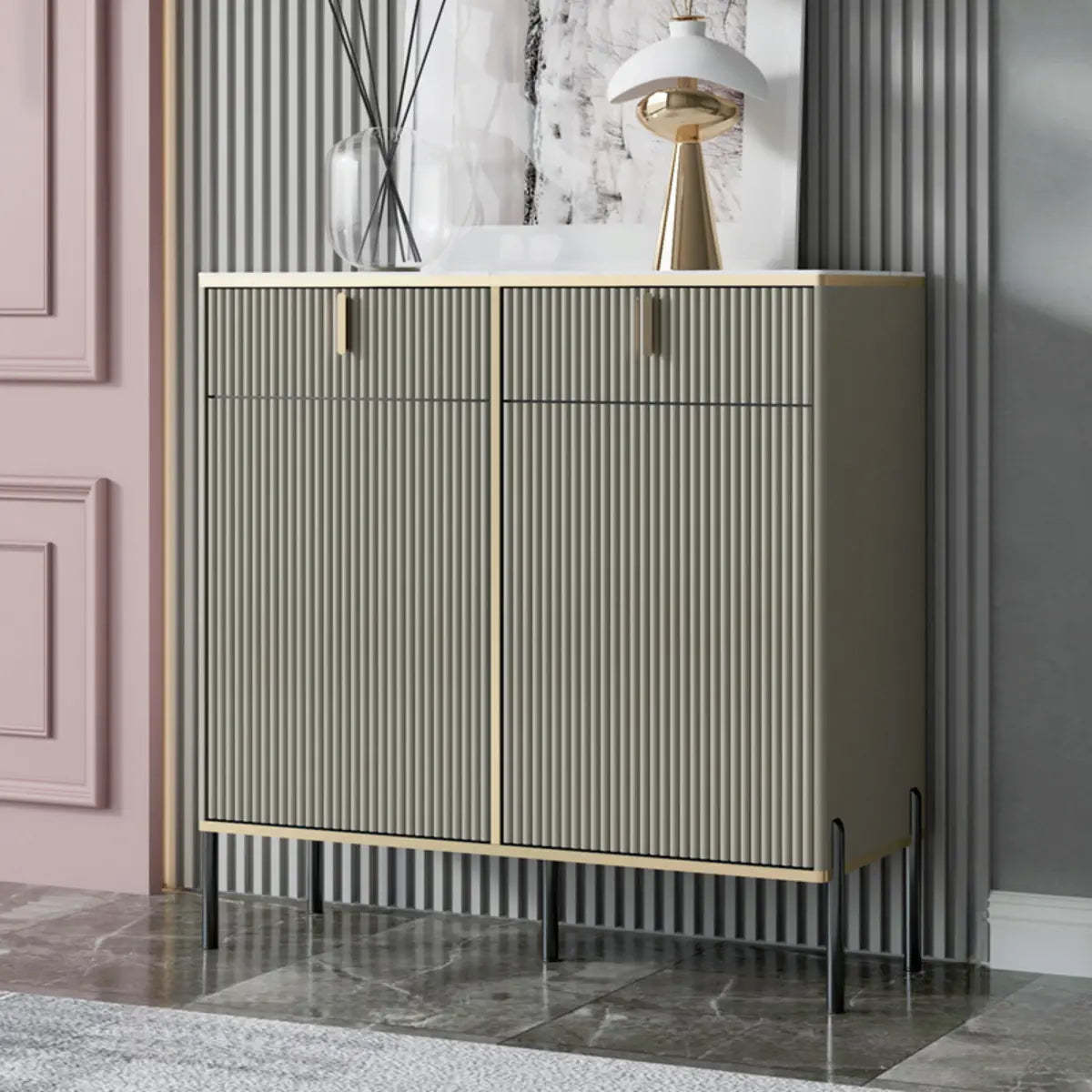 Rectangular Stone Top Black Cabinet Sideboard — Blue