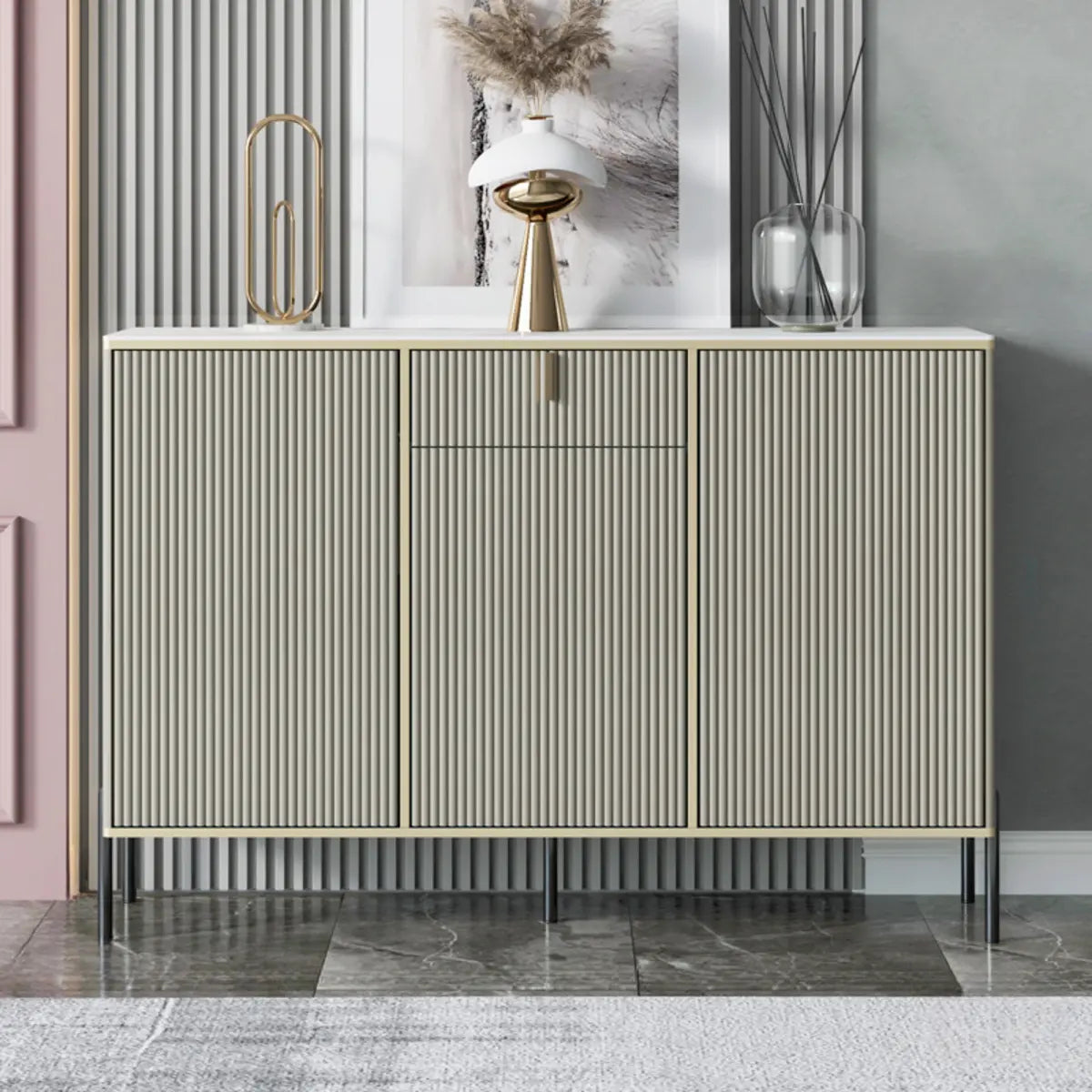 Rectangular Stone Top Black Cabinet Sideboard — Blue