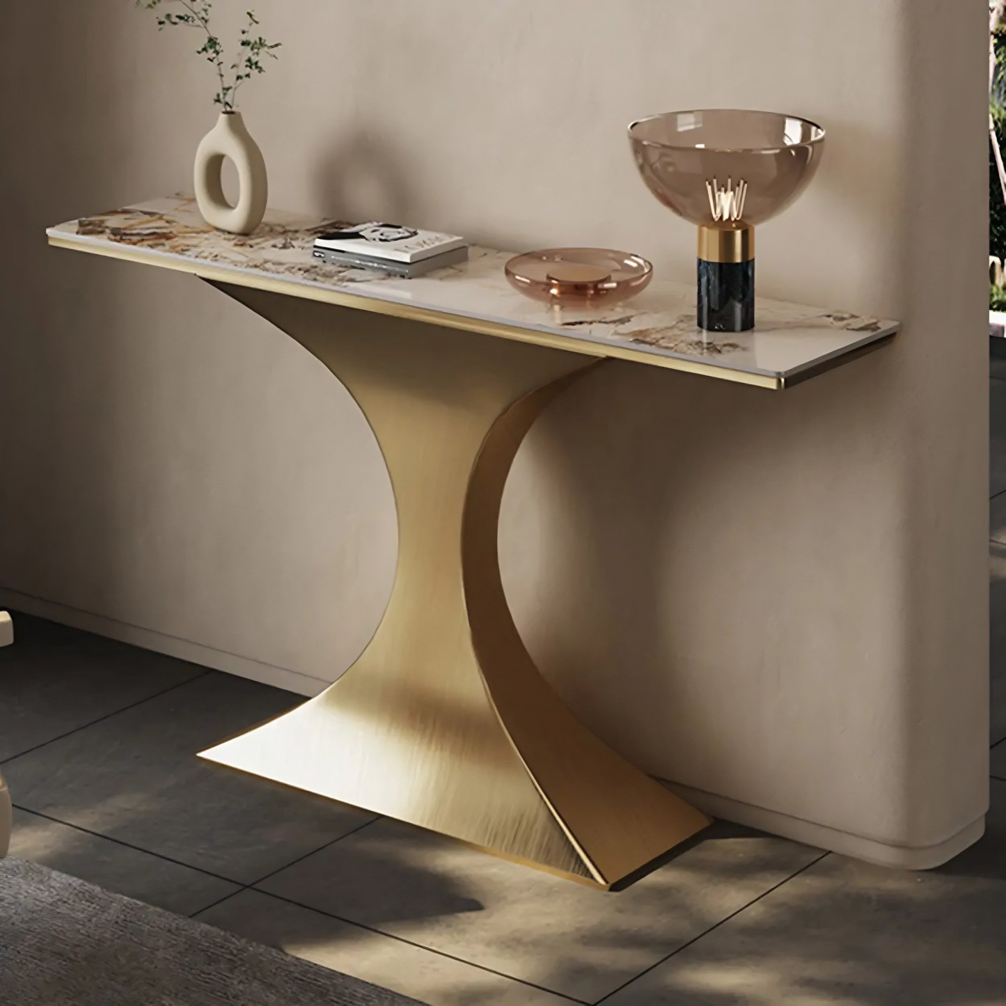 Rectangular Stone-Top Curved Console Table