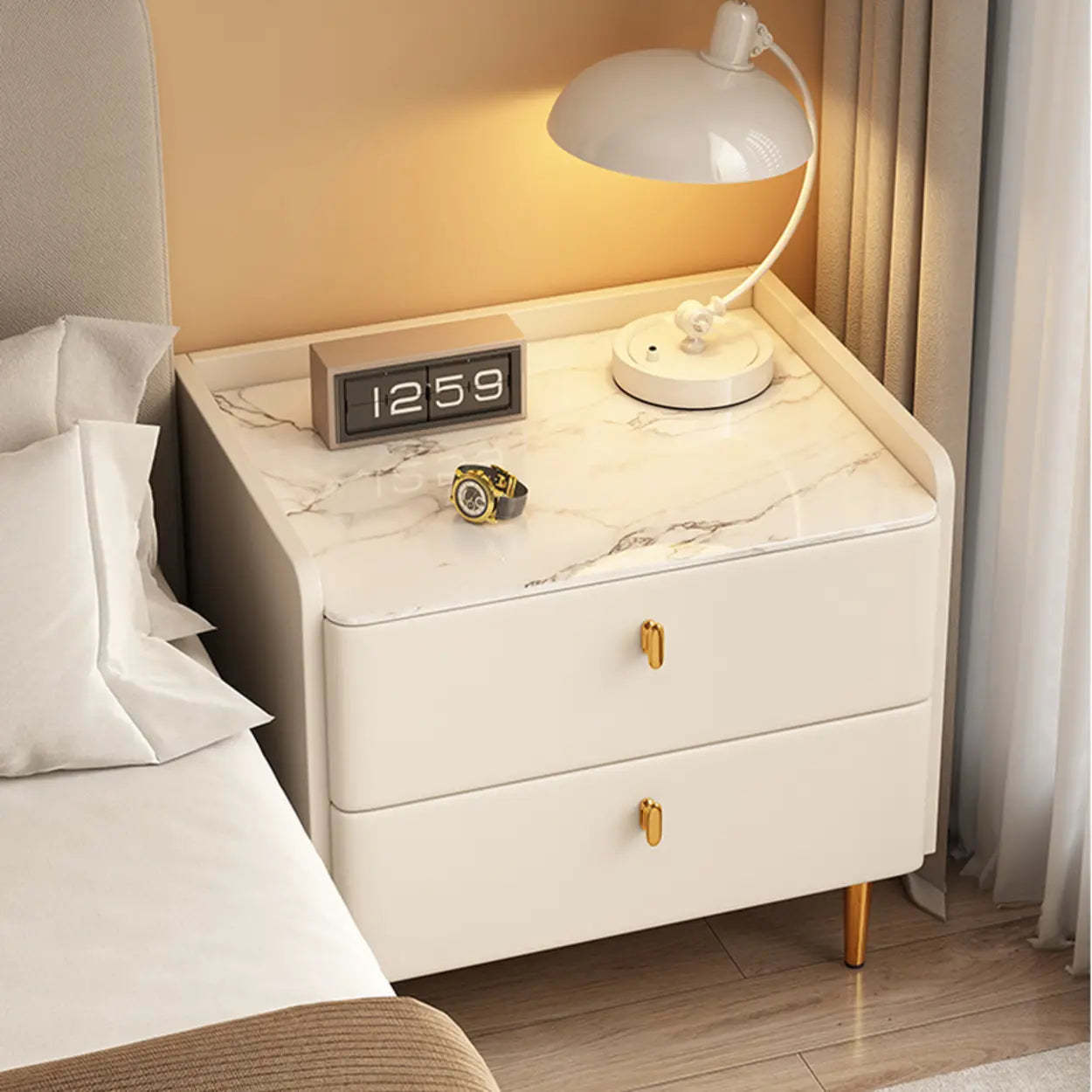Rectangular White Stone Top 2-Tier Nightstand — Off-White