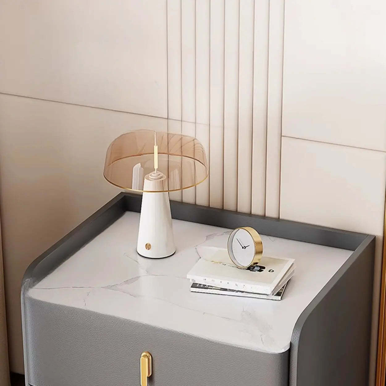 Rectangular White Stone Top 2-Tier Nightstand — Champagne