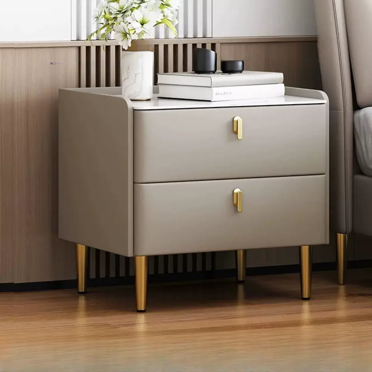 Rectangular White Stone Top 2-Tier Nightstand — Champagne