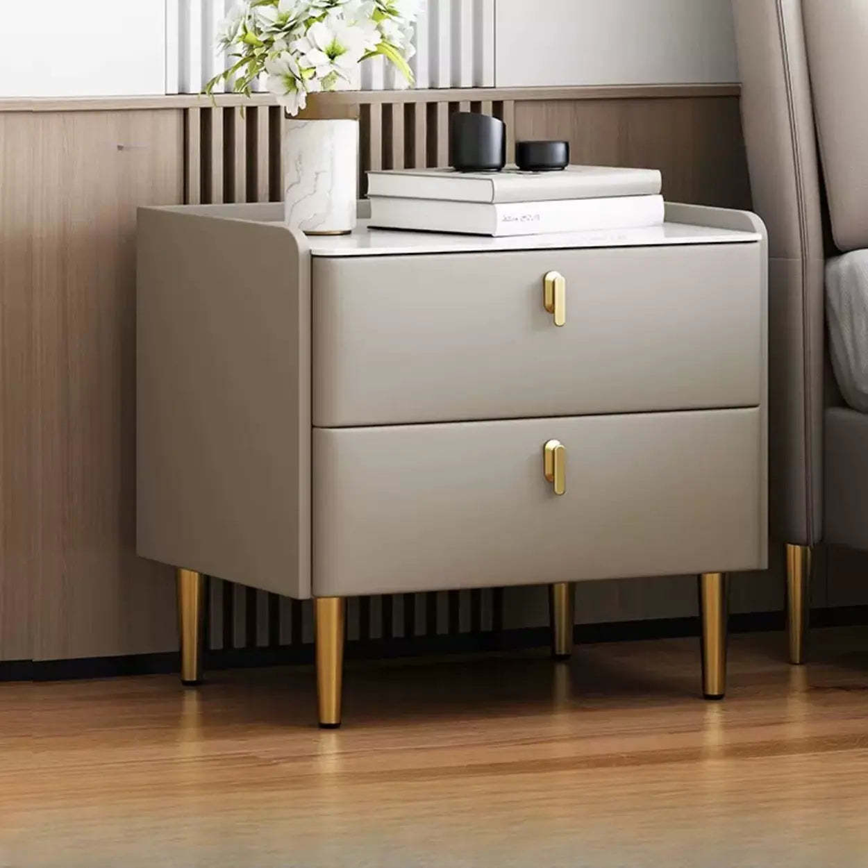 Rectangular White Stone Top 2-Tier Nightstand — Champagne