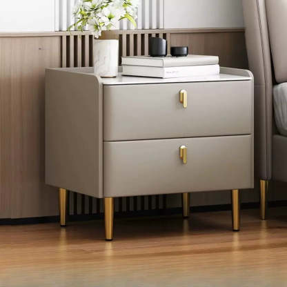 Rectangular White Stone Top 2-Tier Nightstand — Champagne
