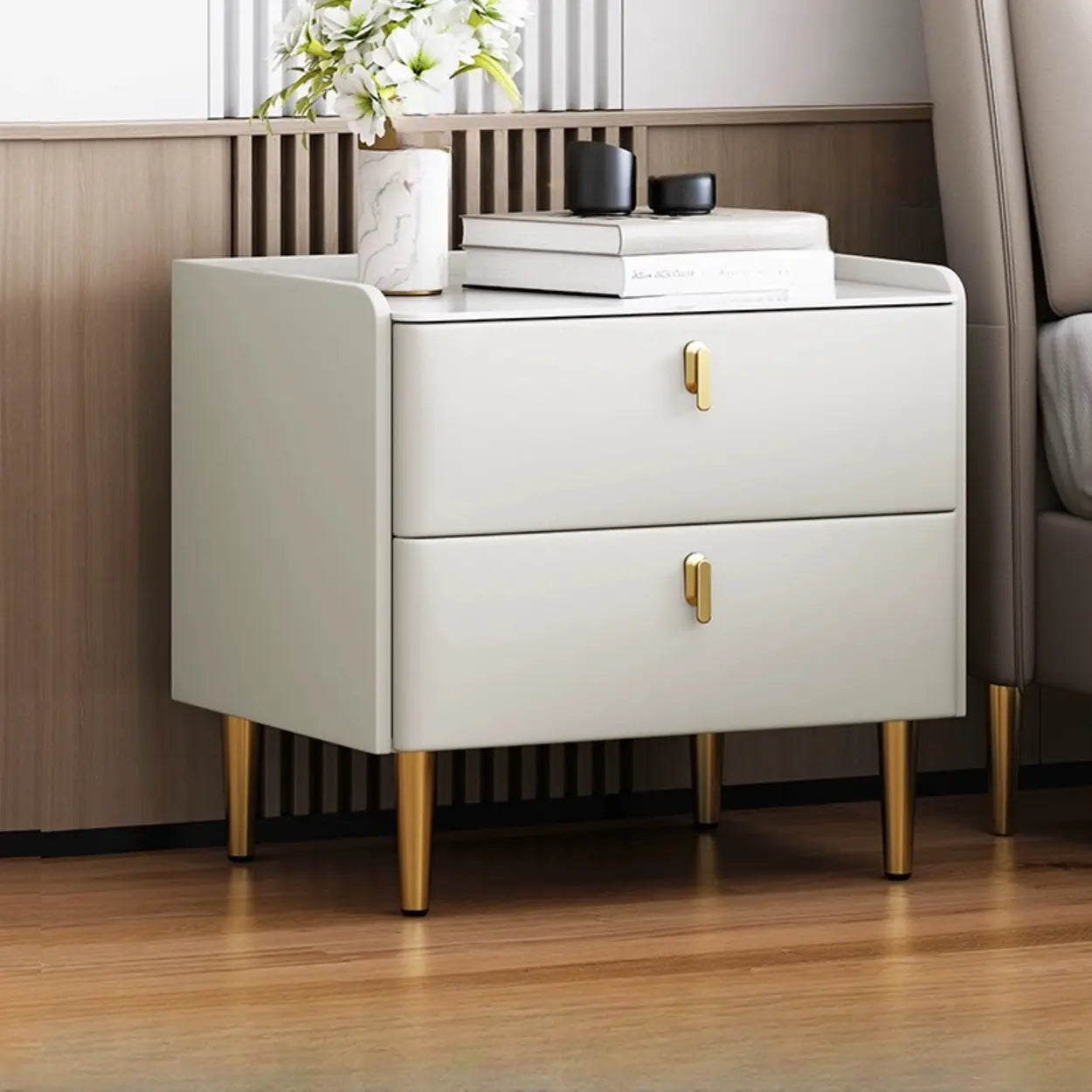 Rectangular White Stone Top 2-Tier Nightstand — Dark Gray