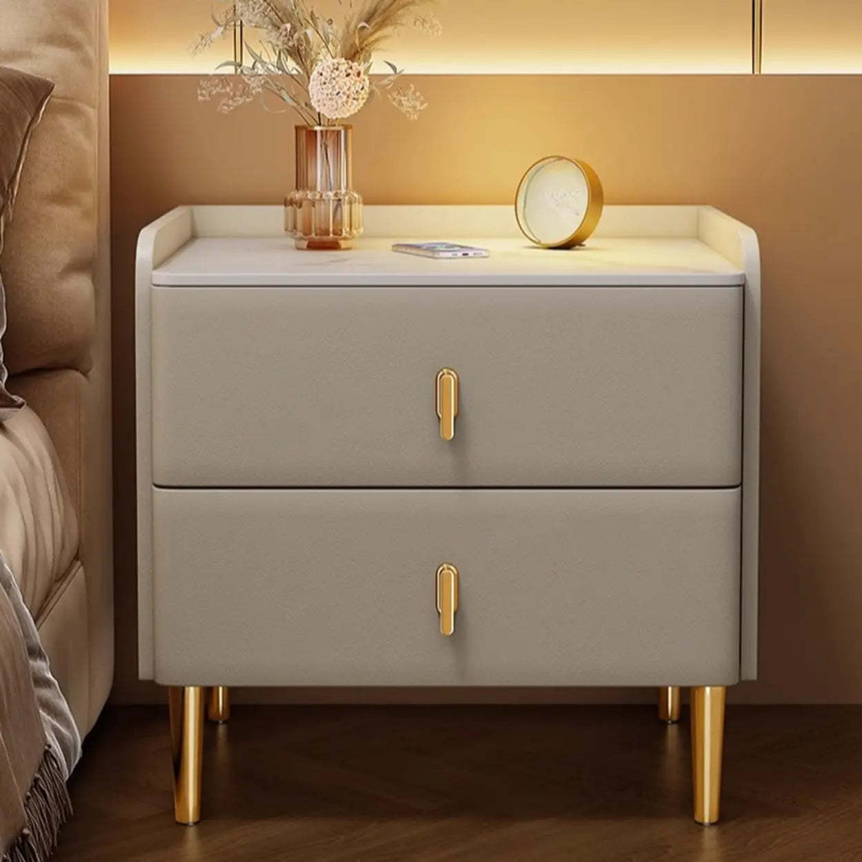 Rectangular White Stone Top 2-Tier Nightstand — Light Gray