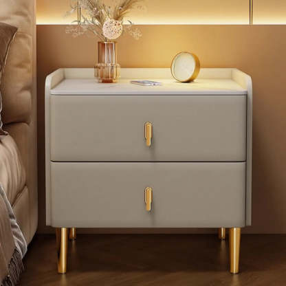 Rectangular White Stone Top 2-Tier Nightstand — Light Gray