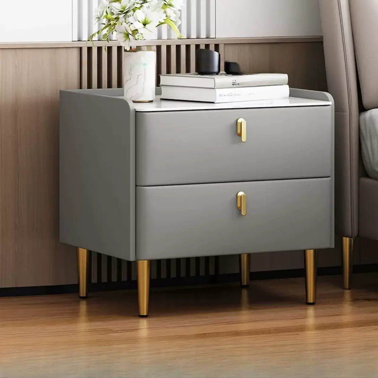 Rectangular White Stone Top 2-Tier Nightstand — Off-White
