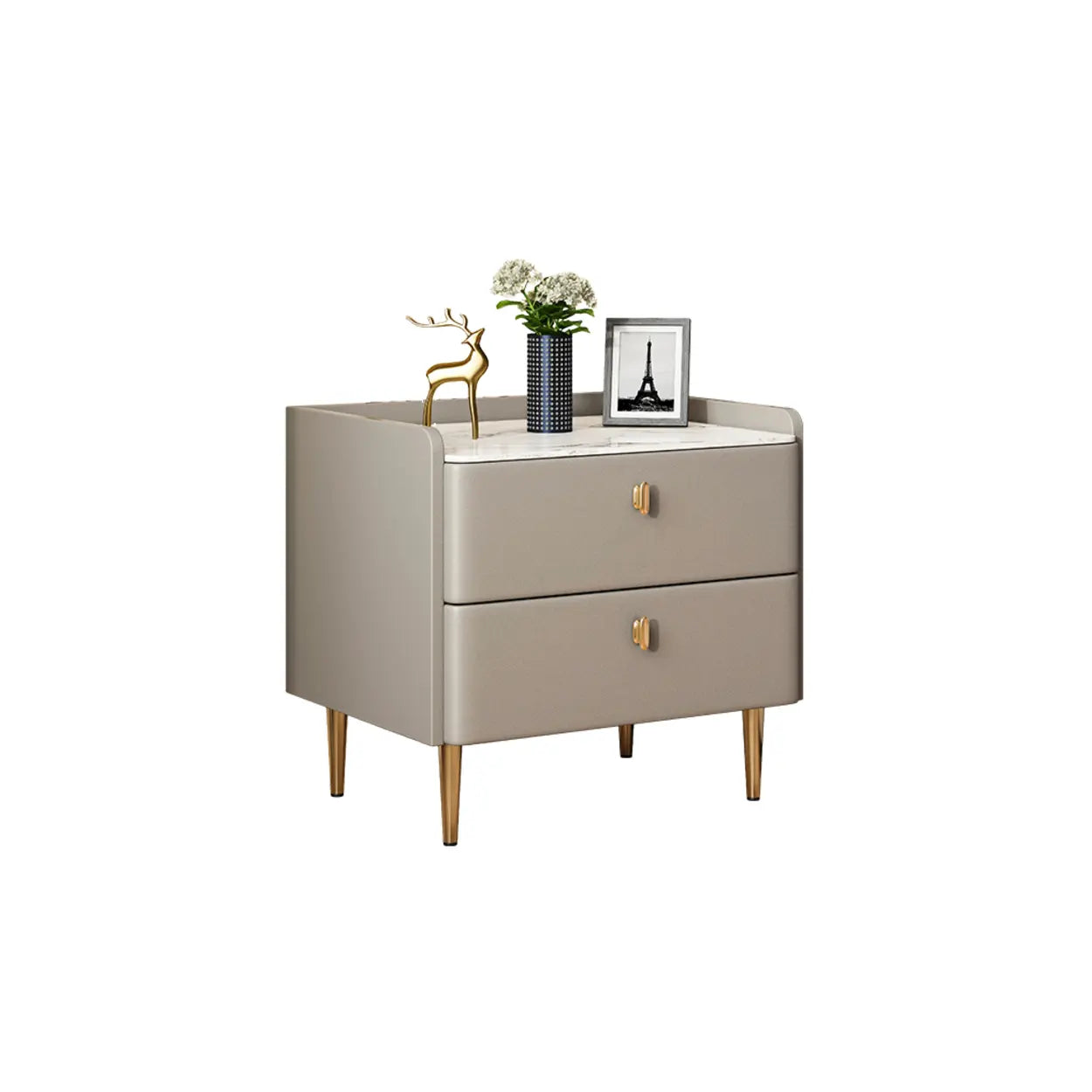 Rectangular White Stone Top 2-Tier Nightstand — Champagne