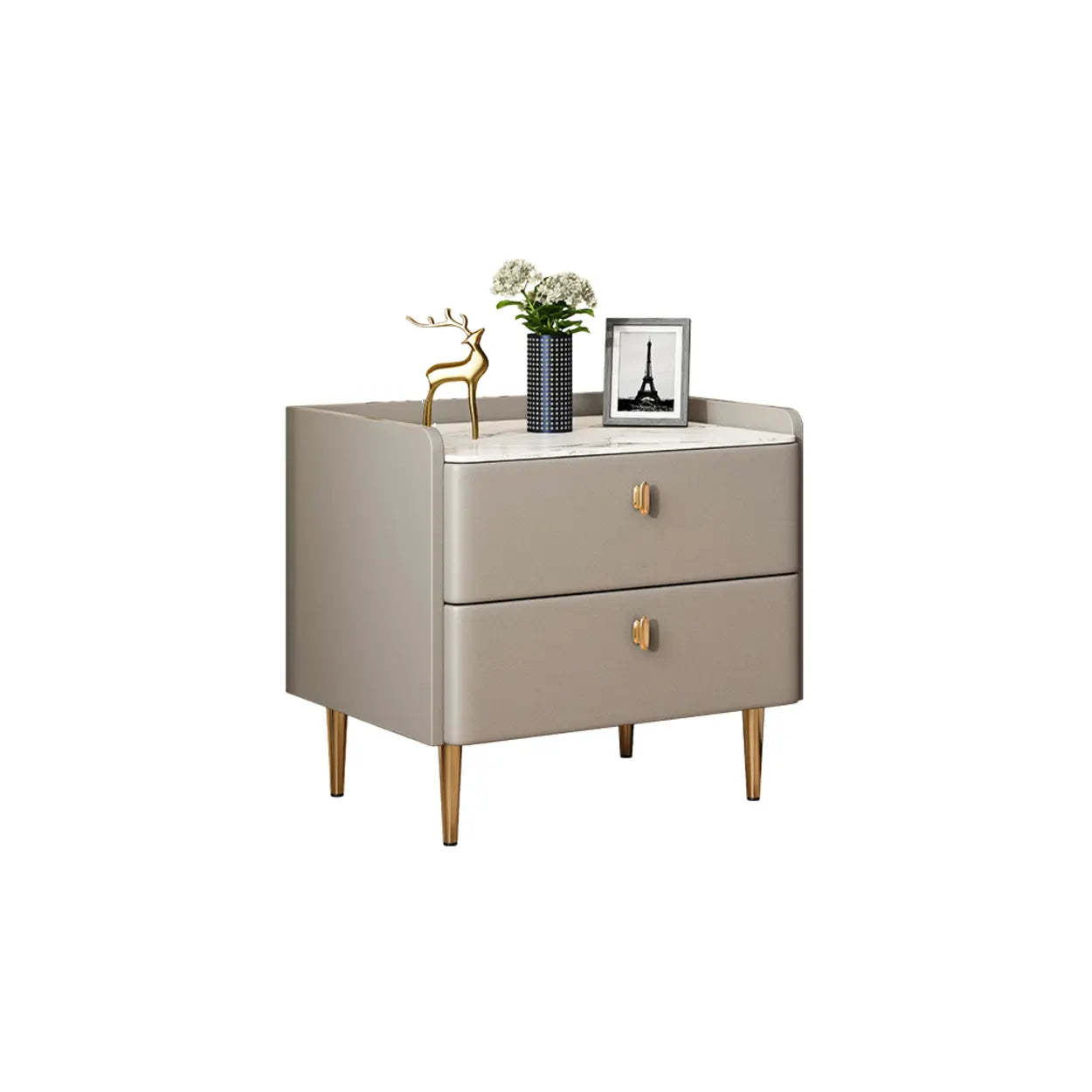 Rectangular White Stone Top 2-Tier Nightstand — Champagne