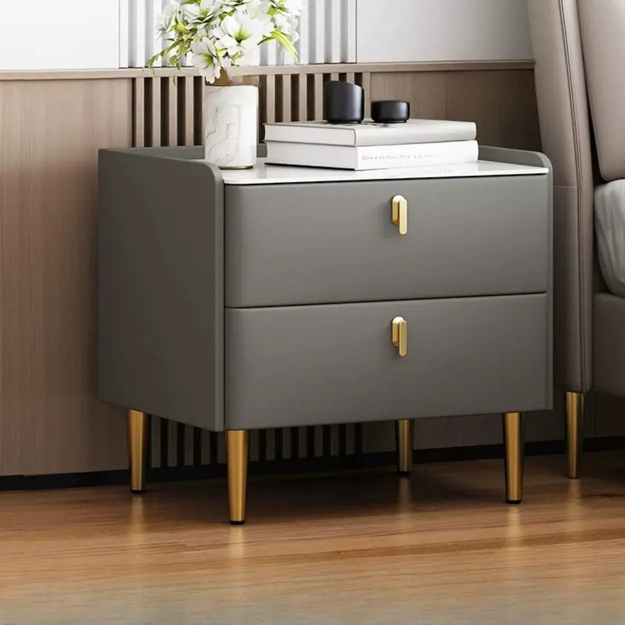 Rectangular White Stone Top 2-Tier Nightstand — Dark Gray