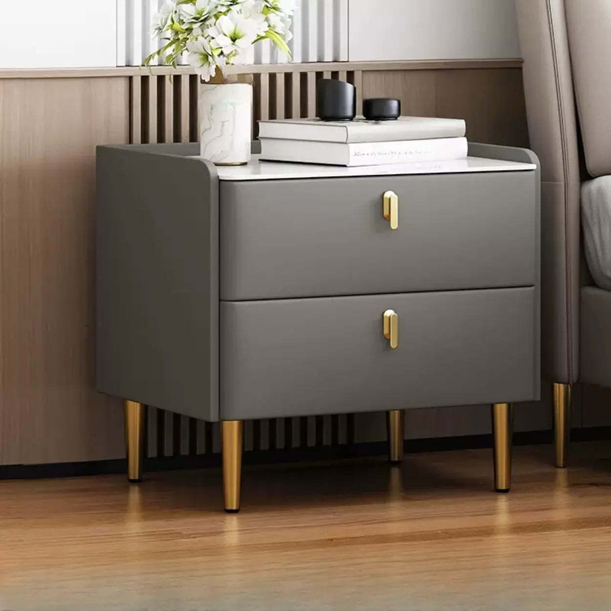 Rectangular White Stone Top 2-Tier Nightstand — Dark Gray