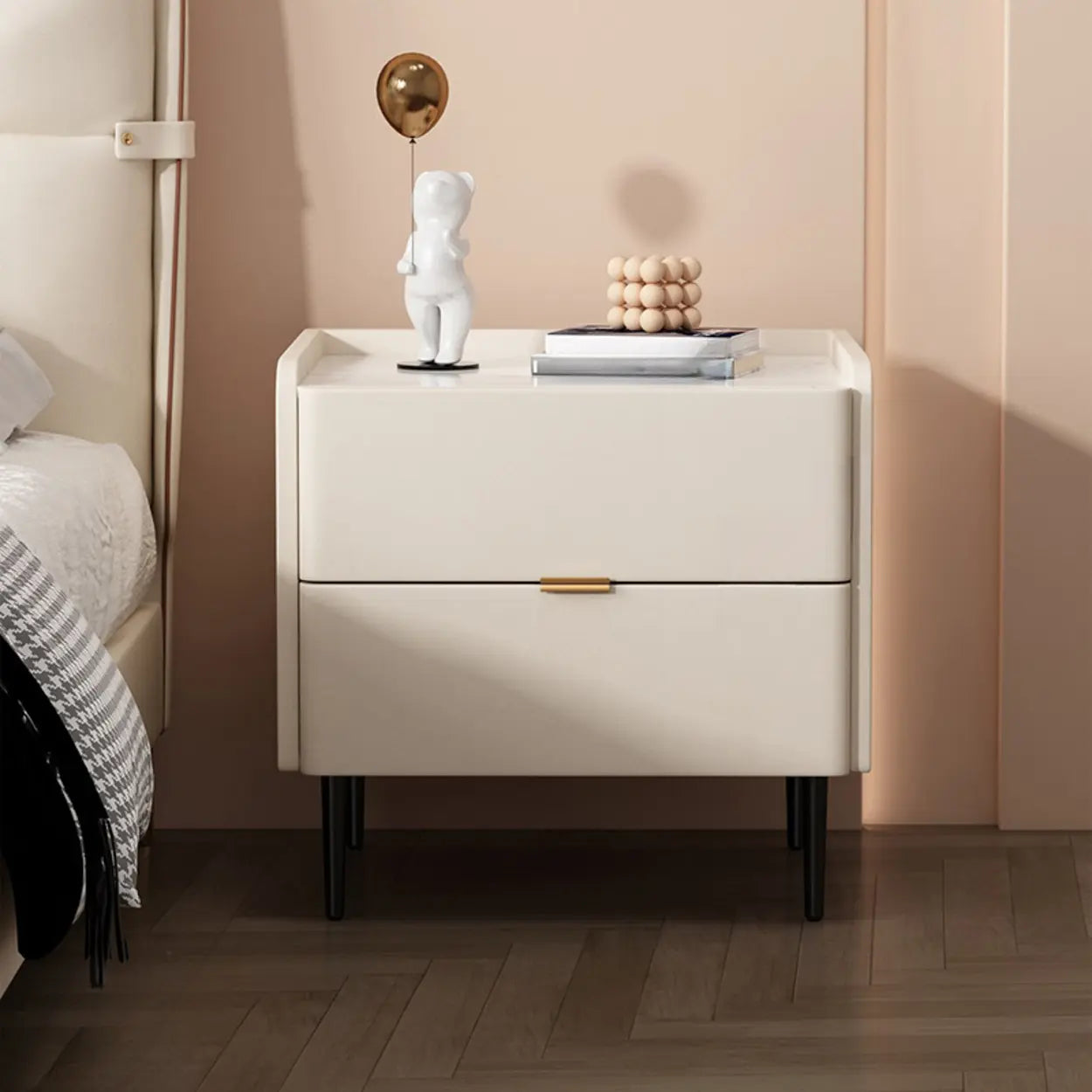 Beige Rectangular Stone Drawer Nightstand — Solid Wood