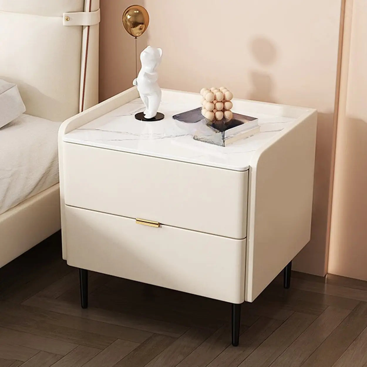 Beige Rectangular Stone Drawer Nightstand — Solid Wood