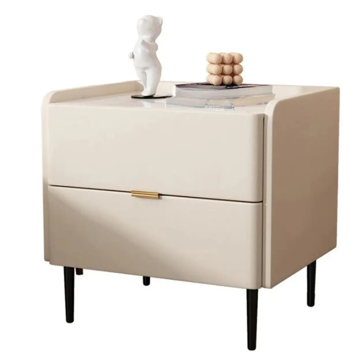 Beige Rectangular Stone Drawer Nightstand — Solid Wood