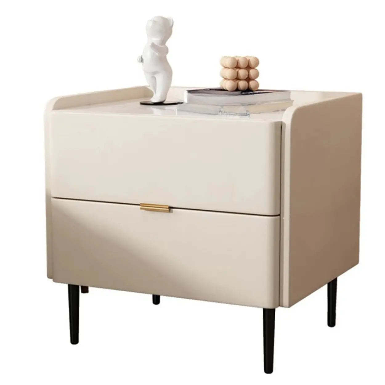 Beige Rectangular Stone Drawer Nightstand — Solid Wood