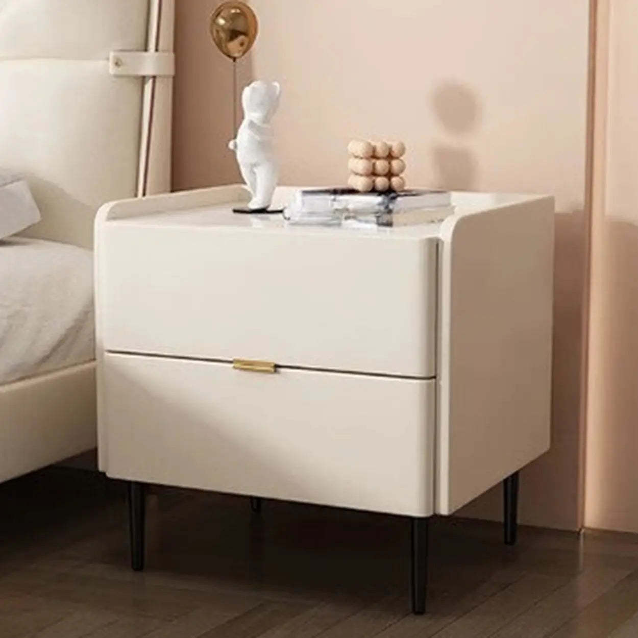 Beige Rectangular Stone Drawer Nightstand — Solid Wood