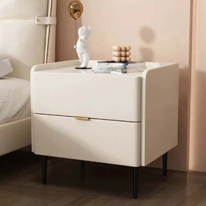 Beige Rectangular Stone Drawer Nightstand — Solid Wood