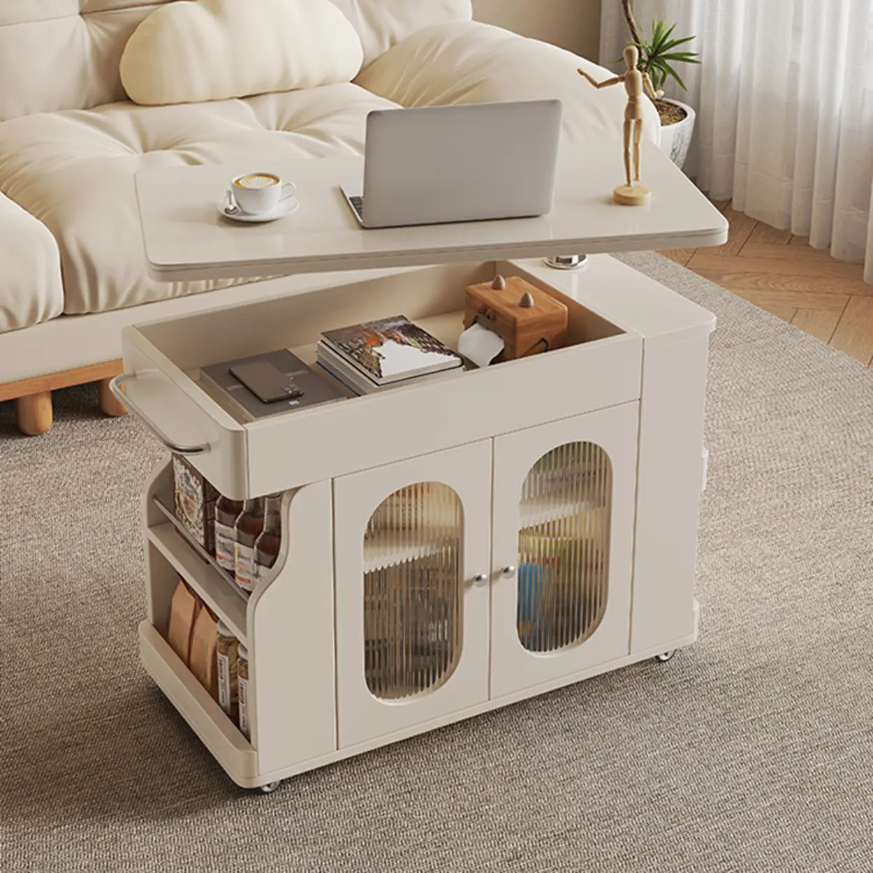 Rectangular Swivel Cream Wood Adjustable End Table
