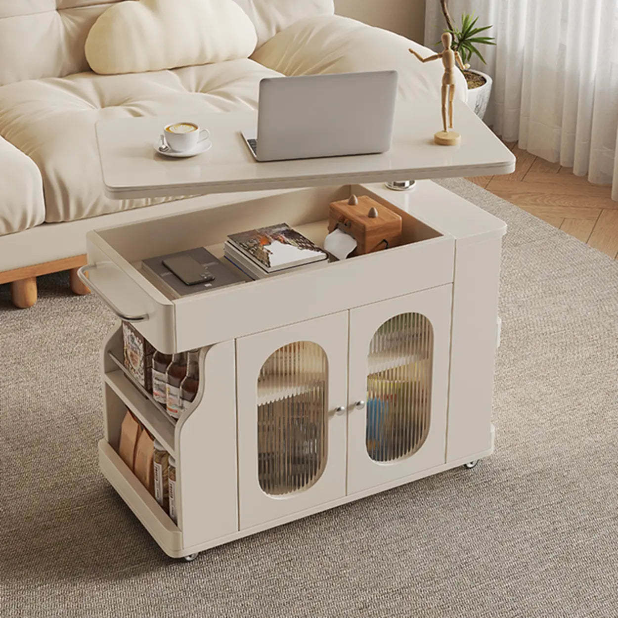 Rectangular Swivel Cream Wood Adjustable End Table — Black