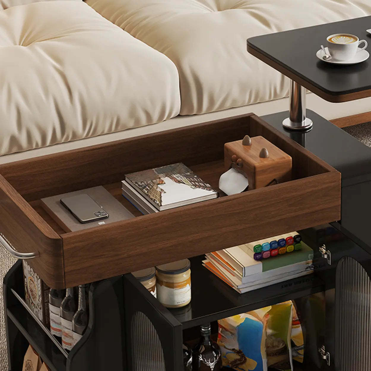 Rectangular Swivel Cream Wood Adjustable End Table