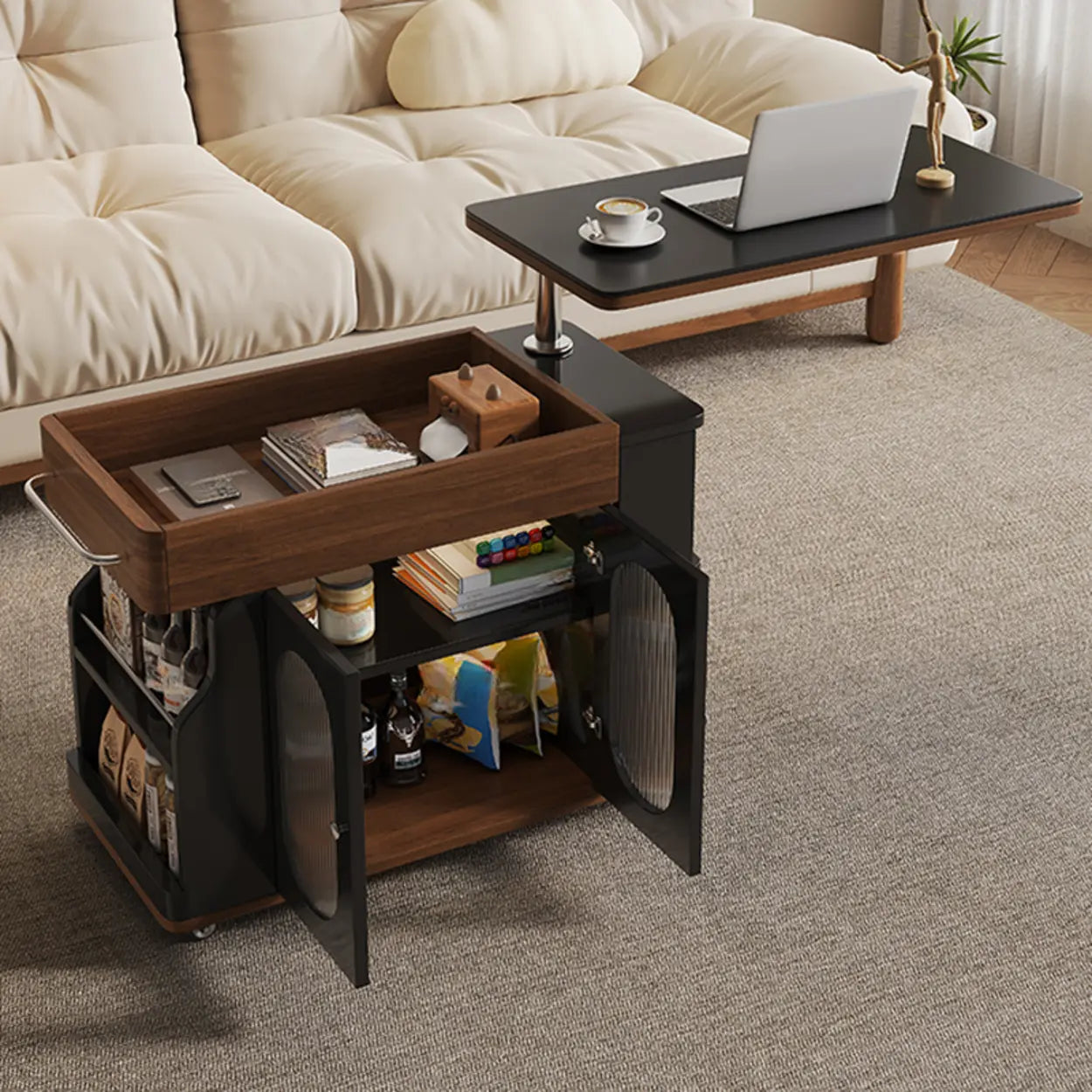Rectangular Swivel Cream Wood Adjustable End Table