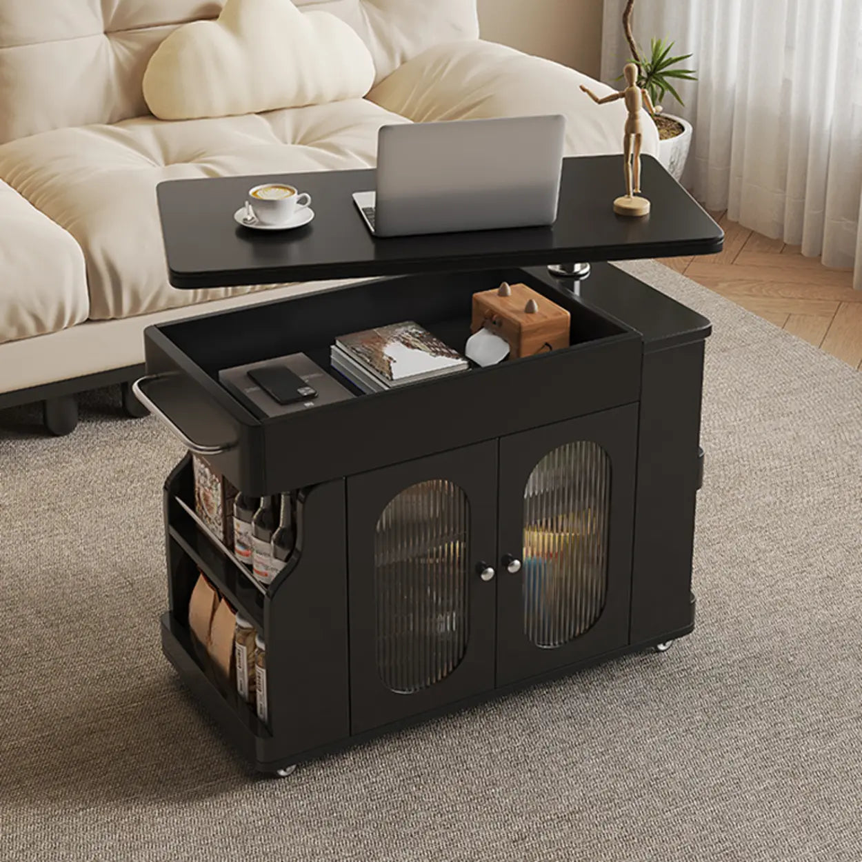 Rectangular Swivel Cream Wood Adjustable End Table