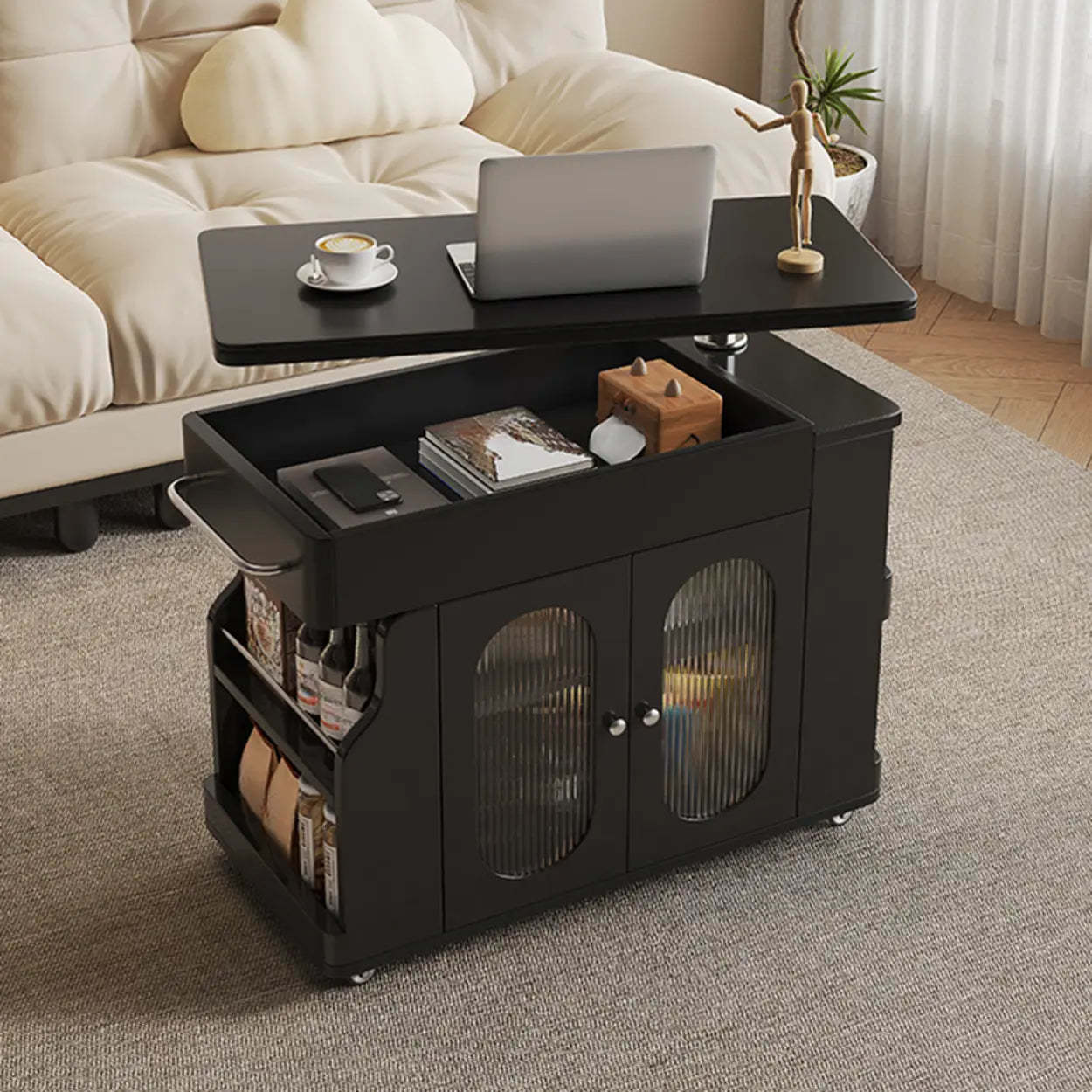 Rectangular Swivel Cream Wood Adjustable End Table
