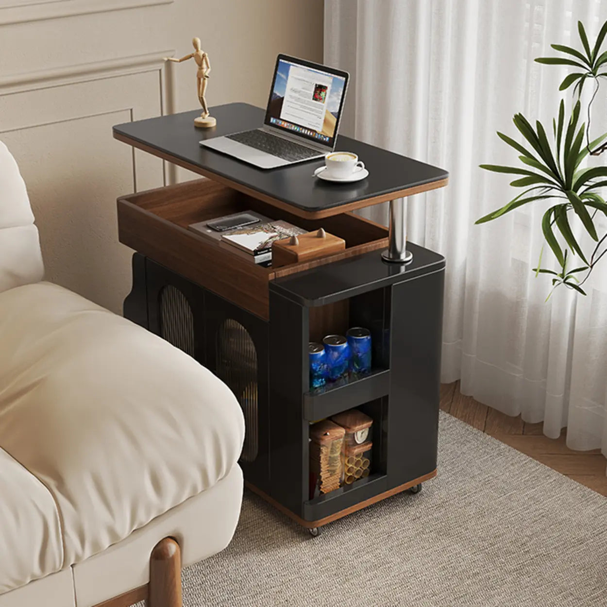 Rectangular Swivel Cream Wood Adjustable End Table